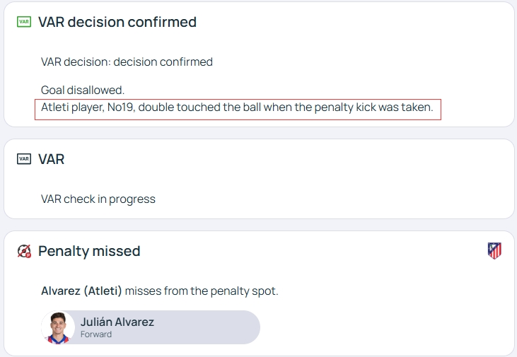 官方明確！歐冠官網(wǎng)：阿爾瓦雷斯罰點(diǎn)時(shí)2次觸球，VAR決定進(jìn)球無(wú)效